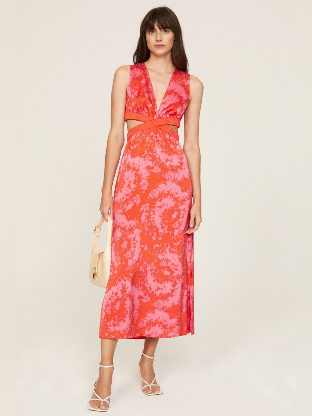 Pink & Red Tie-Dye Cutout V-Neck Midi Dress